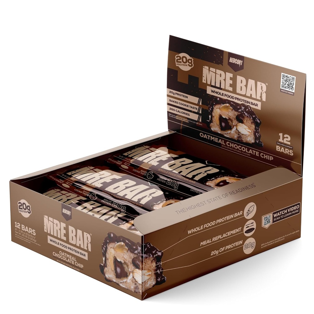 REDCON1 MRE protein Bar, Oatmeal Çikolata Chip - Tüm Gıda Proteinleri - Kolay Digestible, Macro Balanced Low Sugar Meal Change Bar (12 Bar)