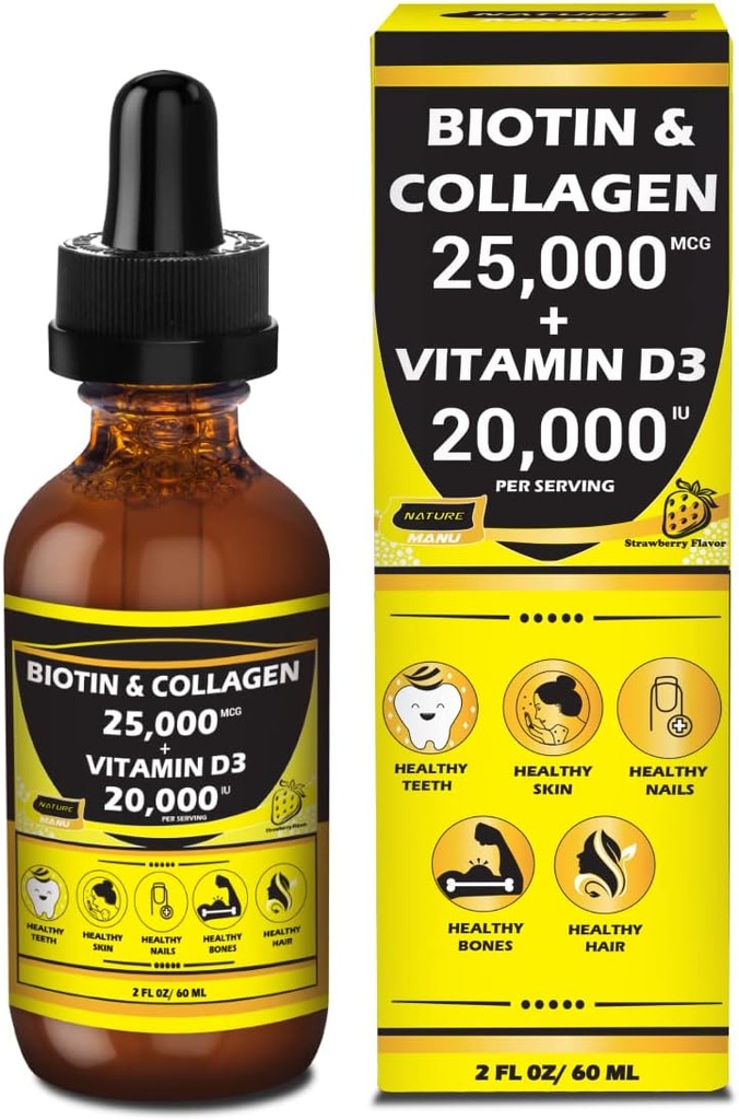 Nature Manu-install 26.806 Sıvı Biotin & Collagen+ 20.000iu Vitamin D3 Bütün bir Wellness Günlük Ayakları Destekler. Sağlıklı Skin, Güçlü Nails, Saç Büyümesini Destekler. Tasty Strawberry Flavor - 2 FL OZ/60 ML ML