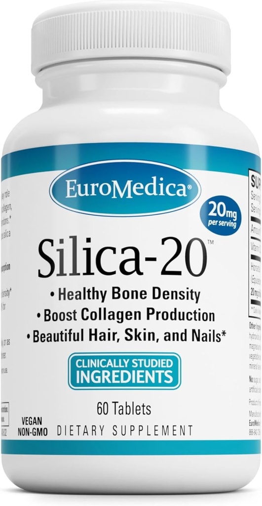 EuroMedica Silica-20 - Supplement Supports Bone Structure & Collagen Production - Strong Teeth & Healthy Bone Density Support - Aids Hair, Skin & Nails Health - 60 Tablets (30 Servings)