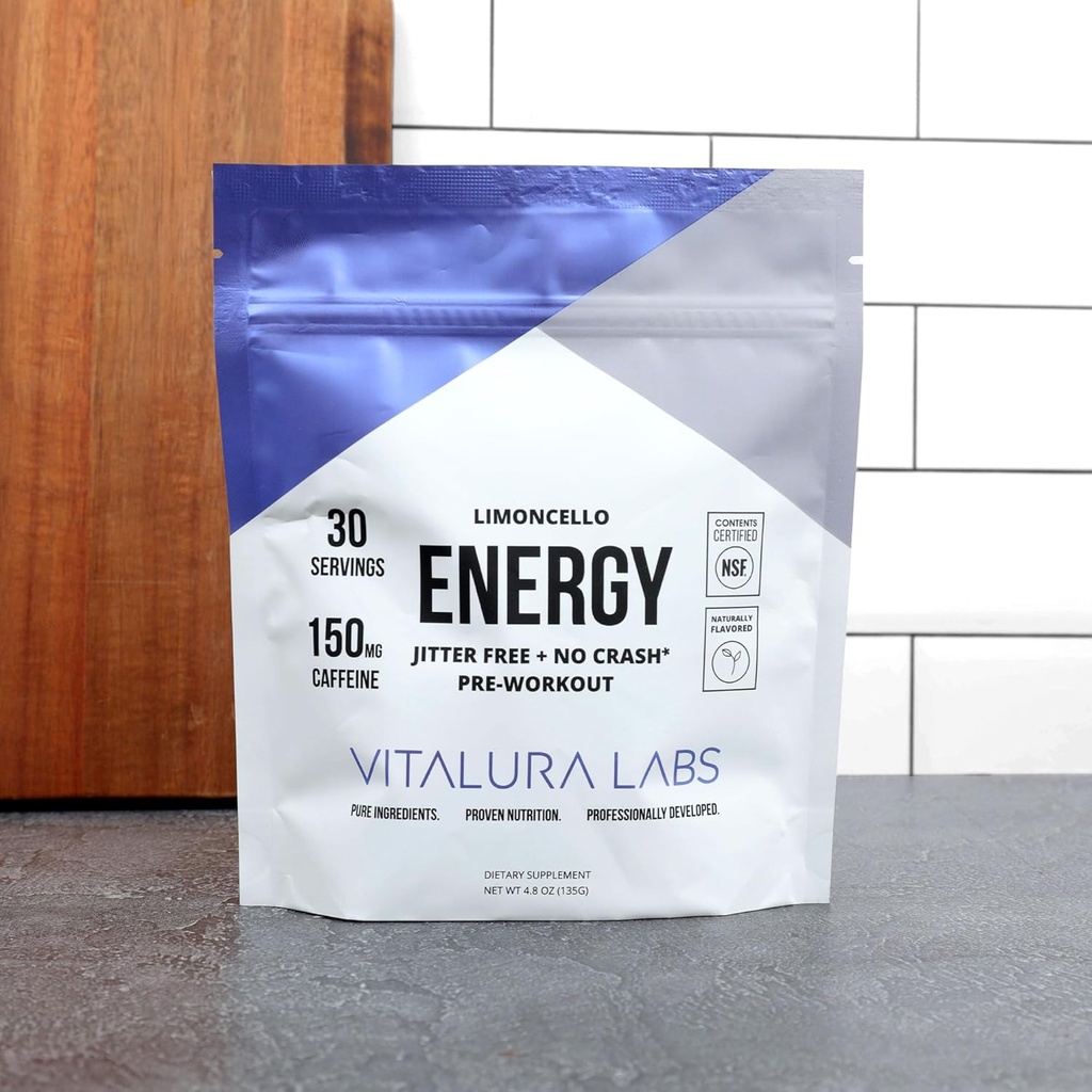 Vitalura Labs Pre-Workout Toz - Caffeine, Theacrine, Rhodiola & L-Theanine for Energy & Endurance - NSF Content Sertifikalı - Limoncello Flavored - 30 Hizmet