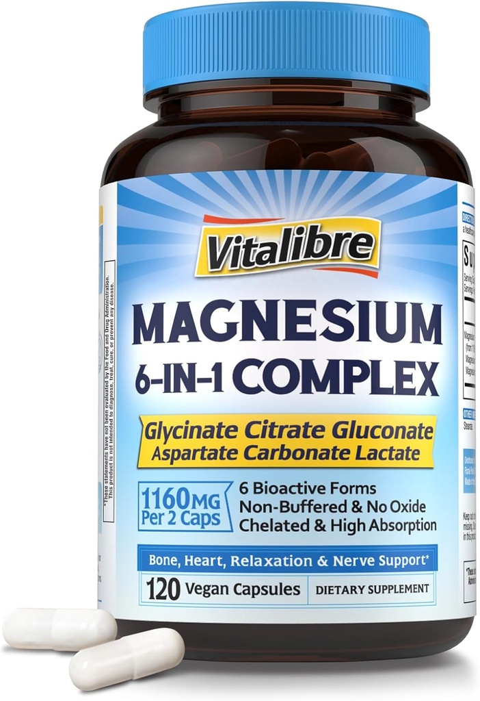 Magnezyum Kompleksi 1'de 1160 mg Max Abhidrasyon için Magnezyum'u yedi, Daha İyi Uyku, Rahatlama ve Nerve Calm, 120 Vegan Capsules, GMO & Gluten Free