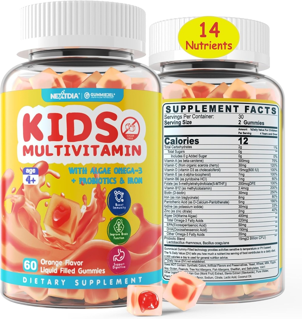 Iron, Sugar Free, Kids Daily Vitamins + Probiyotiks, Algae Omega 3 (EPA/DHA), A, C, D, Torch B12, Folate, B6, çinko, Biotin, sağlıklı büyüme için, 60.