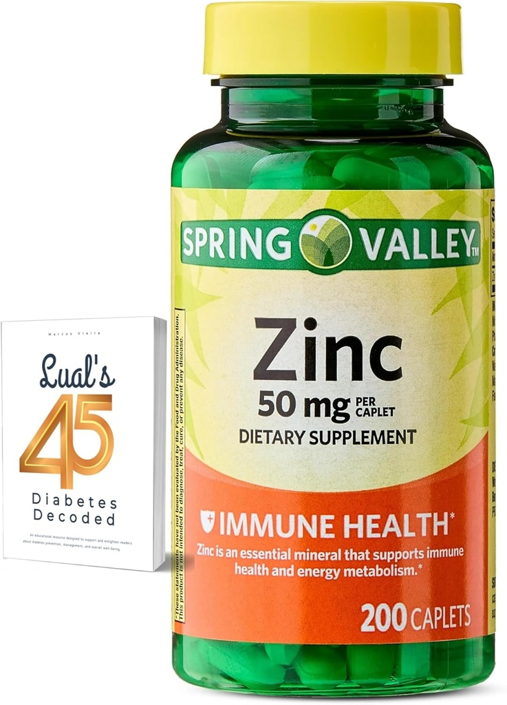 Spring Valley Zinc 50 mg, 200 Count, Dietary Supplement Caplets for Immune Health, Zinc Immune Supplements, Bundle with Lual's 45 Diabeted