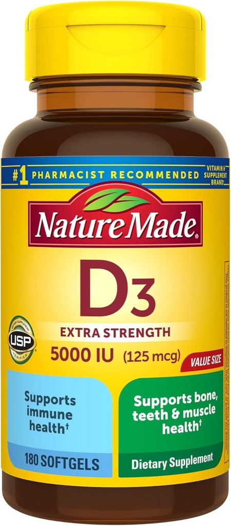 Nature Made Vitamin D3 5000 IU (125 mcg) Softgels, Ekstra Kuvvetli Vitamin D Supplement for Bone and Immune Health Support, 180 Kont, 180 Day Supply
