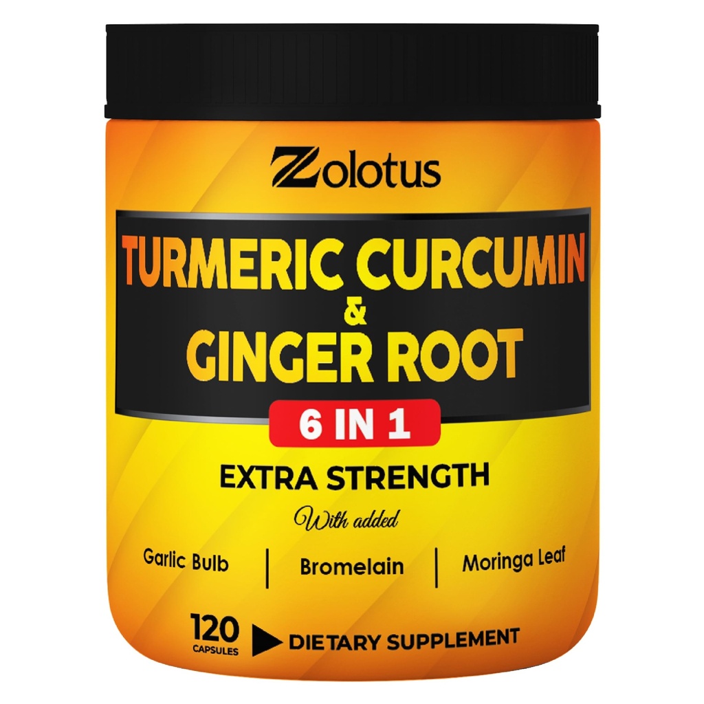 6 1 Turmeric Curcumin + Ginger Capsules, Ginger, Mor Bulb, Bromelain, Moringa, Black Pepper - 120 Capsules