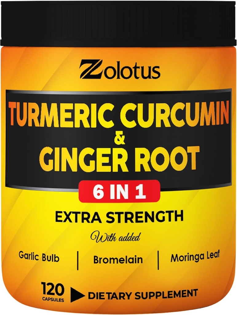 6 1 Turmeric Curcumin + Ginger Capsules, Ginger, Mor Bulb, Bromelain, Moringa, Black Pepper - 120 Capsules