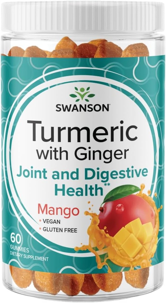 Swanson Turmeric with Ginger Gummies - All Natural Supplement Promoting Digestive & Immune System Health - Ortak Fonksiyonlar ve Hareket Becerisini Desteklemek için Yardım - (Mango, 60 Gummies)