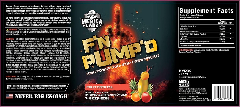 'Merica Labz F'N Pump'D Stimulant Free, Nitrik Oksit,Fully Dosed, Pump PreWorkout Toz (20 hizmet) (Fruit Cocktail)