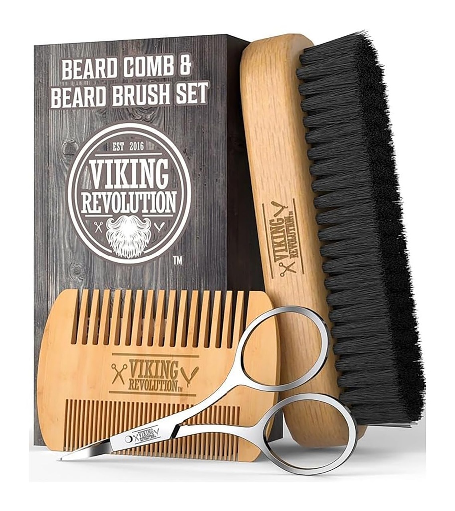 Viking Devrimi Ayıd Comb & Beard Brush Set for Men - Natural Boar Bristle Rotor ve Çift Eylem Pear Wood Comb w/Velvet Seyahat Pouch - Grooming Beards ve Mustaches için Büyük