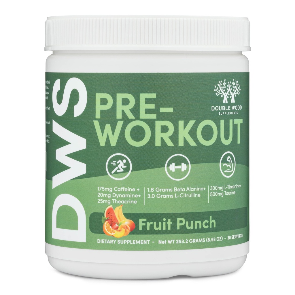Erkekler ve Kadınlar için Pre Workout Toz (30 Caffeine, Beta Alanine, L-Citrulline, Dynamine, L-Theanine, Taurine, Theacrine, & More) Preworkout Toz with Scoop by Double Wood (Fruit Punch)