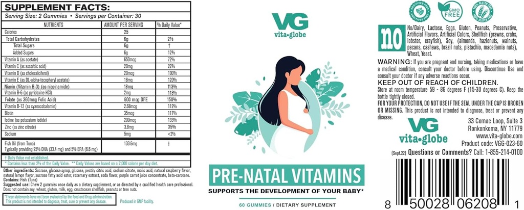 VITA GLOBE Prenatal Fish Oil Gummy Vitamins - Sağlıklı Büyüme ve Beyin Gelişimi için Çokvitamin A, D E, B6, Folate ve Biotin, 60 Kont