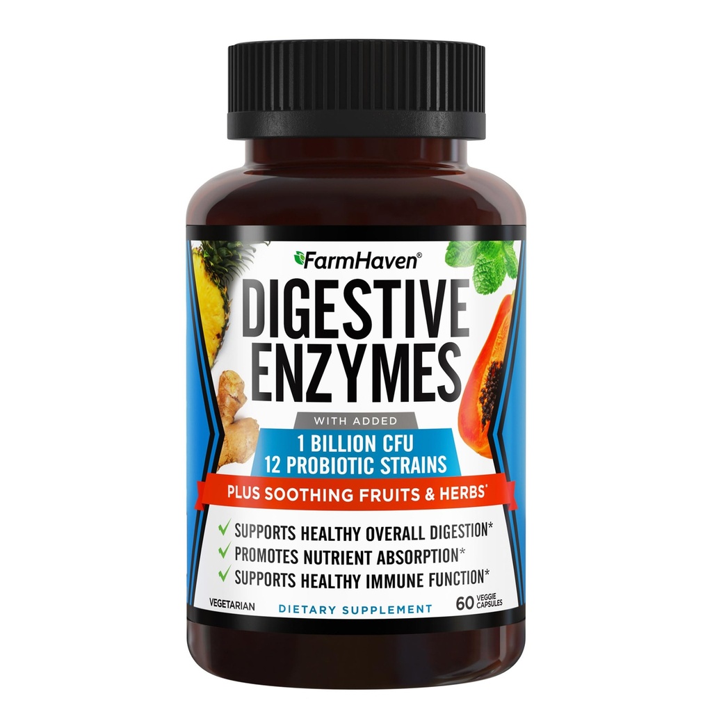 Farm Haven Digestive Enzymes with 18 Probiyotiks & Herbs | Papaya, Bromelain, Protease & More for Lactose Abxia & Better Digestion | Helps Bloating, Gas, Constipation | Vegetarian, 60 Capsules