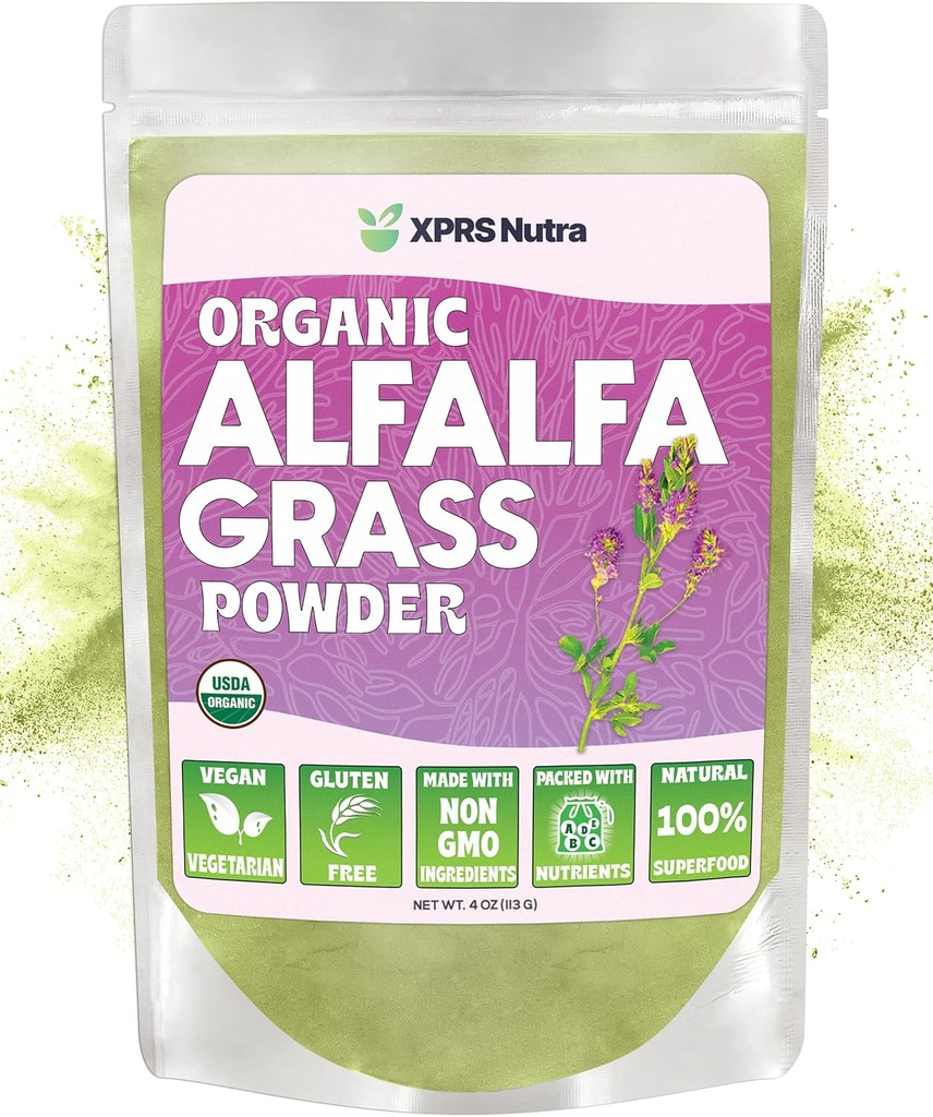 XPRS Nutra Organik Alfalfa Toz - Premium Veganu Kalsiyum, Antioksis, Vitaminler - Çocuk ve Yetişkinler için Çift Alfalfa Supplement - Vegan Dostu Sağlıklı Banyo (4 Ounce)