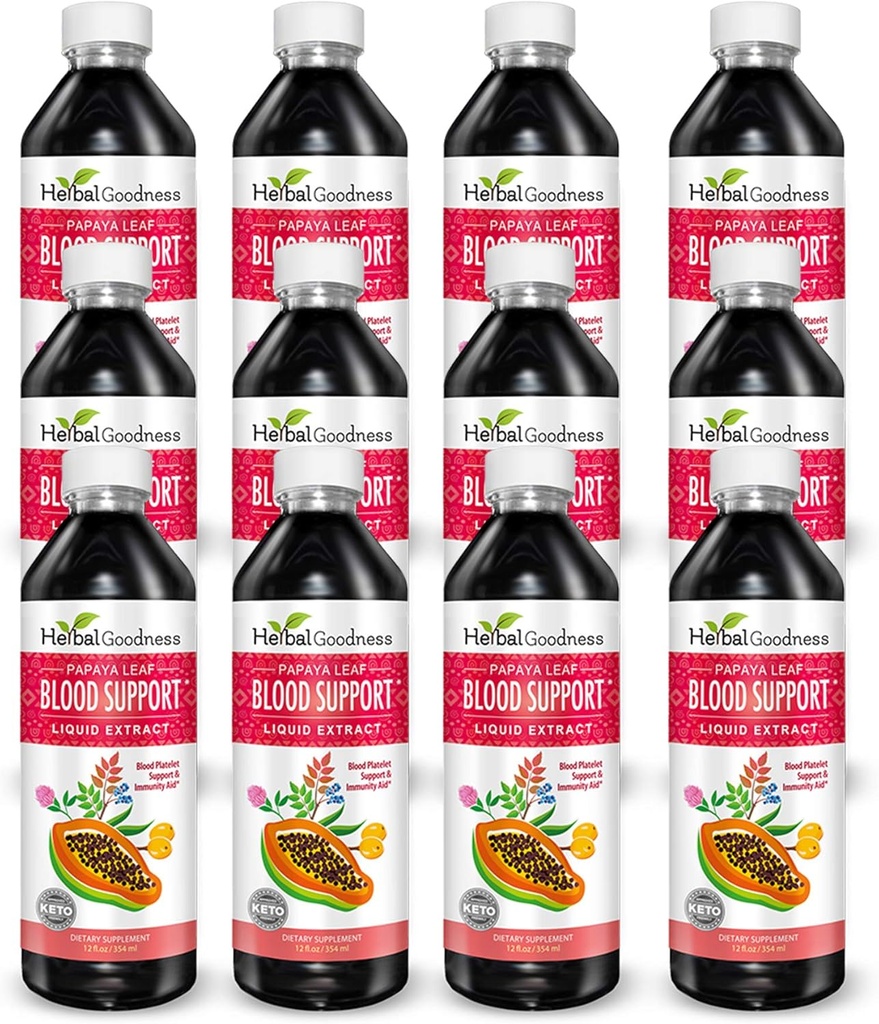 Papaya Leaf Blood Support Liquid - 15X Strength - Papaya Leaf Ekstraksiyon - Sağlıklı Plaklar, Kan Temiz, Digestion, Papaya Enzyme - 12(12oz) Şişeler - Herbal Goodness - ABD'de Yap