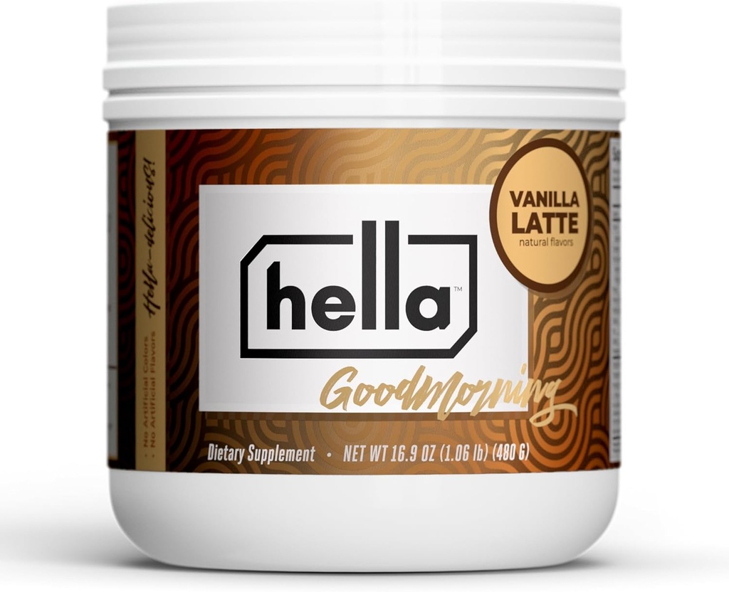 Hella Nutrition Goodmorning Coffee Alternative Natural Caffeine with Mushroom Coffee Substitute | Protein, Collagen, Vitamins B-12 & D, Electrolytes, & Minerals | Non GMO (20 hizmet, Vanilla Latte)