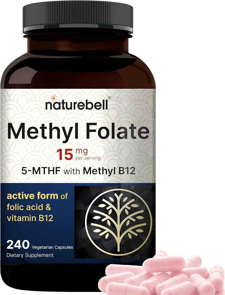 NatureBell L Torchfolate 15mg, 240 Veggie Capsules | 5-MTHF with Me12 1000 Live### Yüksek Potency Dual Action for Energy & Cognitive Support, Active Folic Acid – Metil Folate Supplement