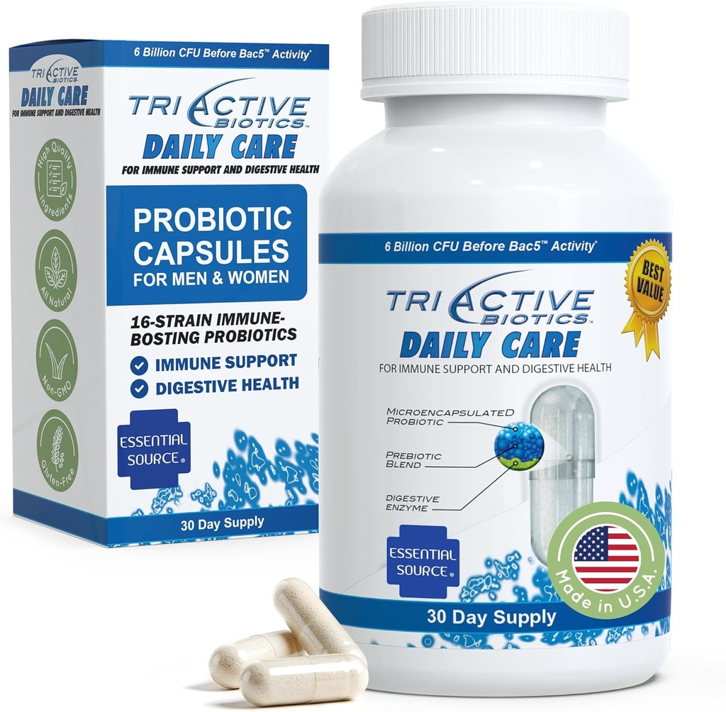 TriActive Biotics Günlük Bakım - Kadınlar ve Erkekler için Probiyotikler, 6 Milyar CFU ile Probiyotikler - Digestive Health - Support Gut Health, Immune Defense - 30 Capsules