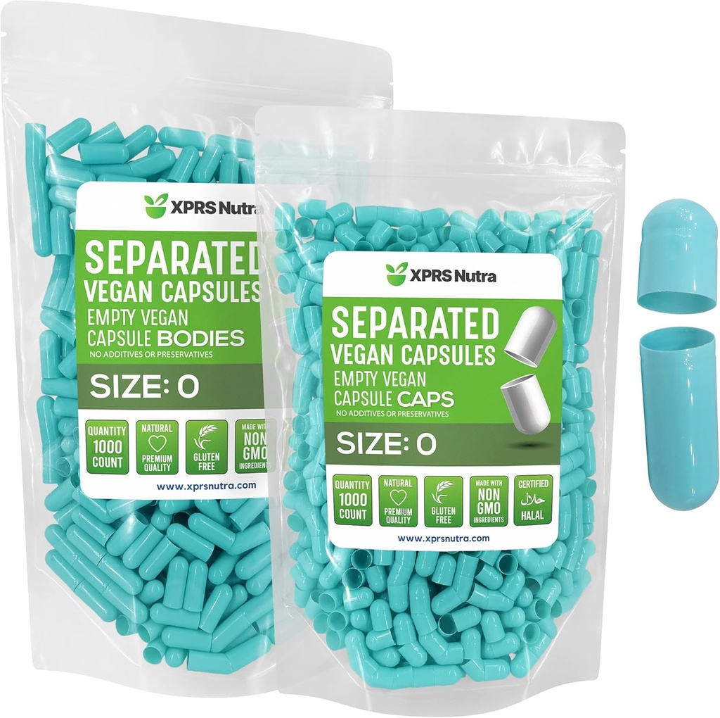 XPRS Nutra Vegan Boyutu 0 Ayrılı Kapsüller - 1000 Kont Premium Boş Kapsüller Çantada Ayrıştı - DIY Supplement (Aqua) için 0
