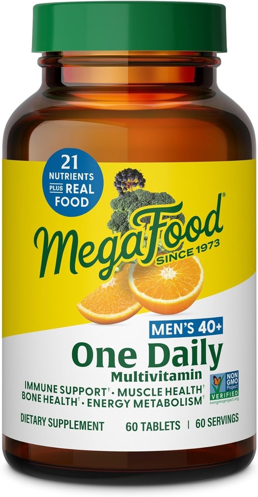 MegaFood Men's 40+ One Daily Multivitamin for Men with Vitamin B, Vitamin D3, Selenium, Zinc & Real Food - Ανοσοποιητική Υποστήριξη, Μεταβολισμός Ενέργειας και Υγεία των Μυών & των Οστών – Μη ΓΤΟ; Χορτοφαγικά - 60 Tabs