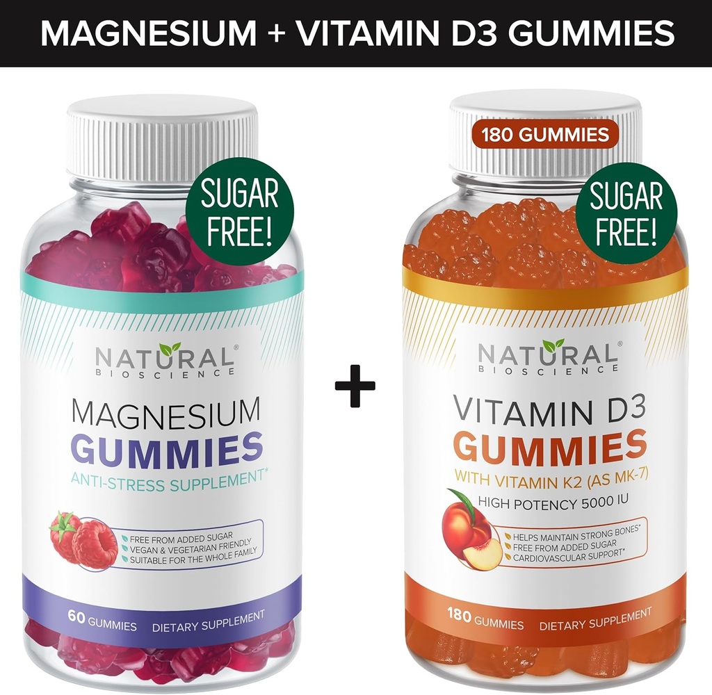 Sugar-Free Magnezyum Gummies (60 Gummies) & Sugar-Free Vitamin D Gummies (180 Gummies) – Immune Support & Calmness Value Sche, Gelatin-Free, Gluten-Free, Vegetarian, All Natural, GMO-Free, Kosher