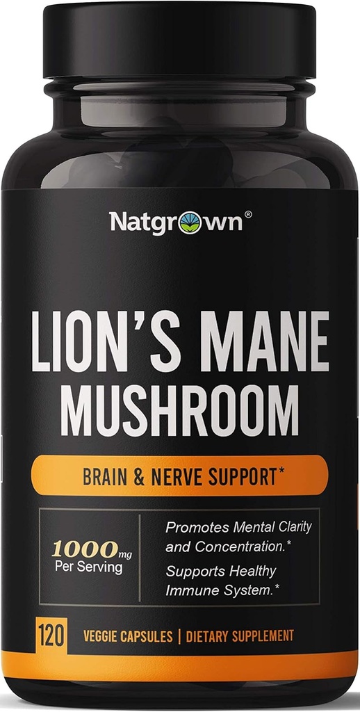 Natgrown Lions Mane Mushroom Supplement Capsules - Organik Lion's Mane Extract Nootropic Brain Supplement for Men & Women - Ruh Clarity, Focus ve Memory - Vegan Pills