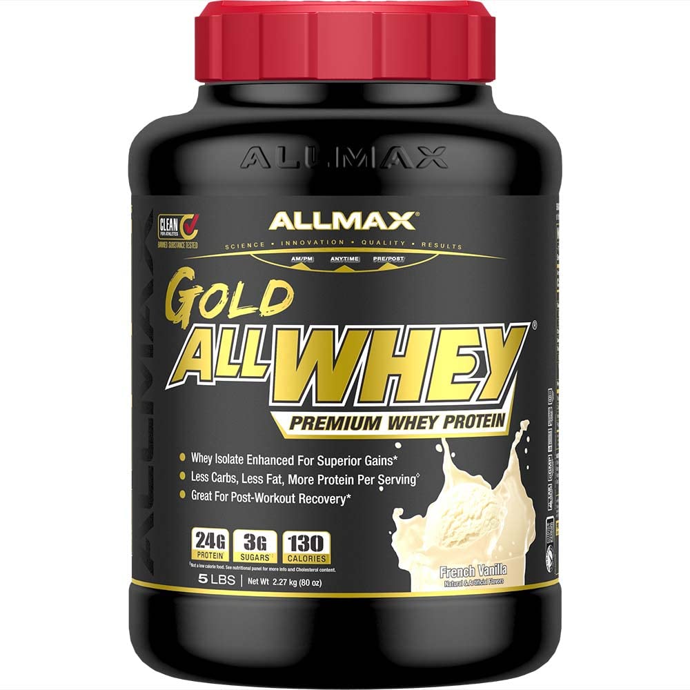 ALLMAX Beslenme Altın ALLWHEY, Fransız Vanilla - 5 lb - 24 Protein Per Scoop - Gluten Free, Low Carb & Low Sugar - Approx. 71 Servisler
