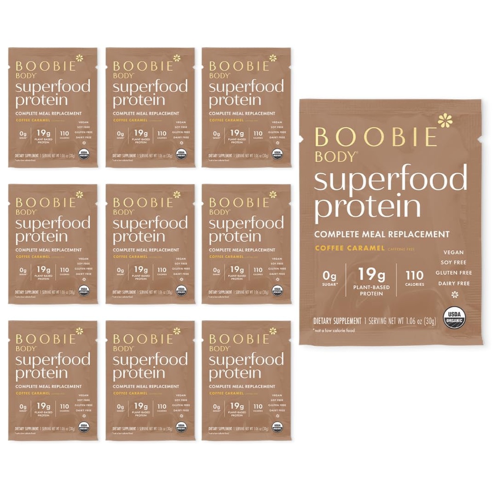 Boobie Body Superfood protein Mealchange Shake, Kahve Caramel Flavor | 19g protein | Hamile, Lactation, & Motherhood | Organik, Vegan, Zero Sugar, 10 Single Serve Packets (1.06 oz her)
