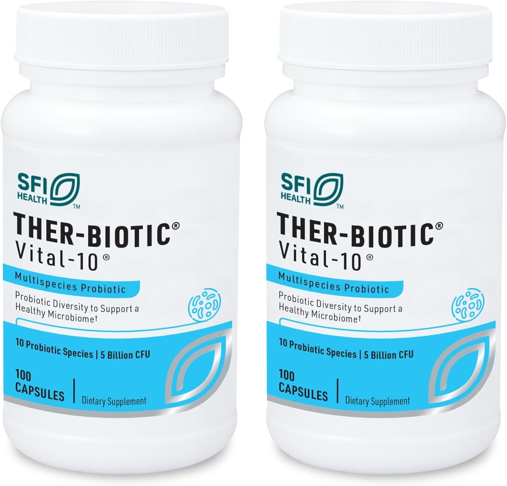 Klaire Labs SFI Health Vital-10 Probiotic - Immune & Digestive Support Supplement 5 Billion CFU 10 Species with Lactobacillus, Bifidobacterium & Streptococcus, Dairy-Free (100 Capsules, 2 Pack)