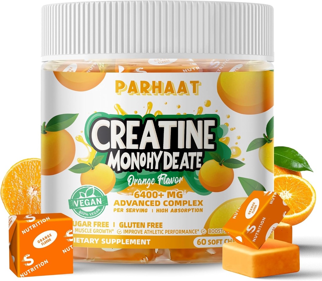 Creatine Monohydrate Chews Complex 6400mg για άνδρες και γυναίκες -Προηγμένη Φόρμουλα W/L-Taurine + Βιταμίνη B12, Συμπλήρωμα χωρίς ζάχαρη,60 Orange Softchews