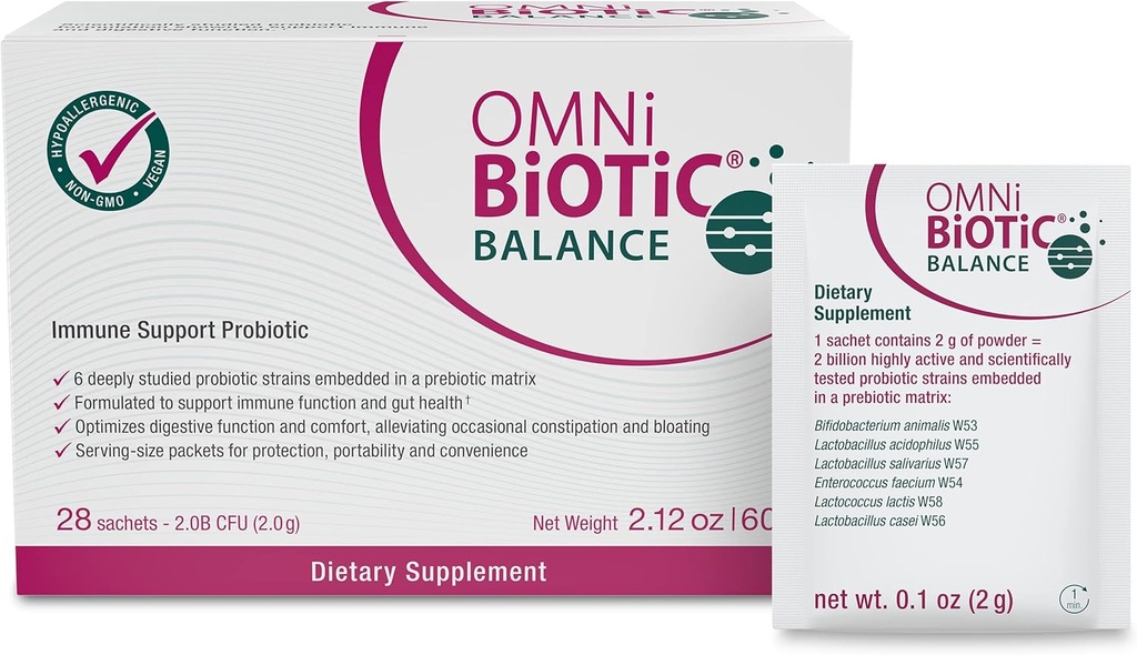 OMNi BiOTiC Balance Probiotic Immune Support - Bifidobacterium & Lactobacillus - Hypoallergenic - Immune Booster Supplement for Men and Women - Non-GMO (28 Daily Packets)
