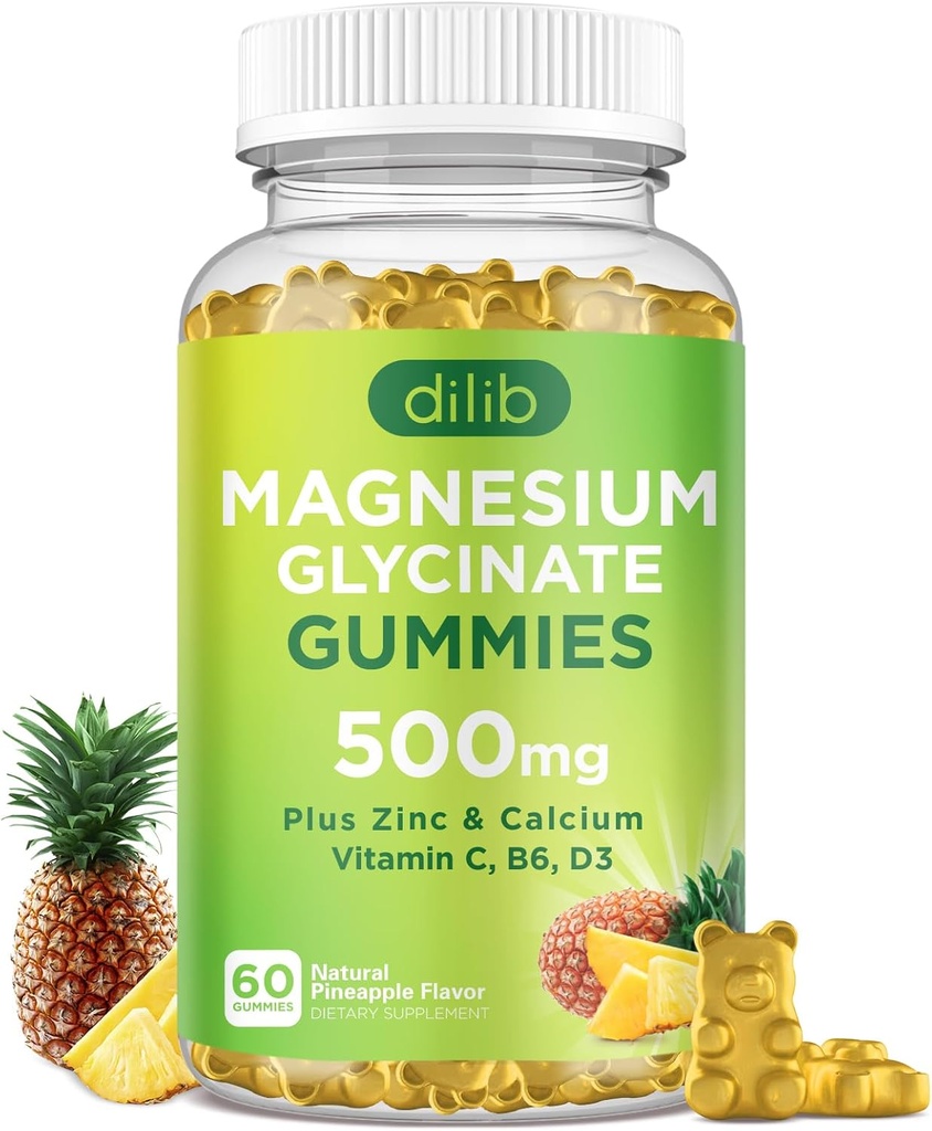 Magnezyum Glycinate Gummies 500 mg Supplement Magnezyum, çinko, C, B6, D3-Calm Chewable Gummies for Kids & Yetişkinler-Sleep, Mood & Muscle Support-Pineapple Flavor, 60 Gummies