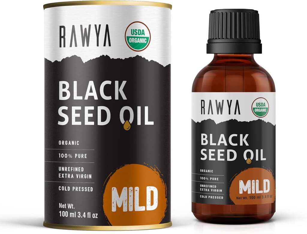 RAWYA Black Seed Oil - Cold Pressed - Black Cumin Tohum - Premium Nigella Sativa - Omega 3 6 9 - Skin ve sağlıklı Saç için Kalonji - Gluten-Free - Wellness Oil - Mild Flavor - 3.4 Fl Oz