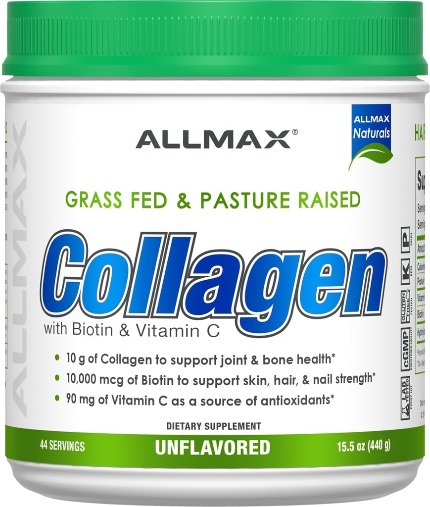 ALLMAX Διατροφή Grass Fed & Pasture Αυξημένο κολλαγόνο με 10. 000 mcg Βιοτίνη + 90 mg Βιταμίνη C, Χωρίς γεύση, 15,5 oz (440 g)