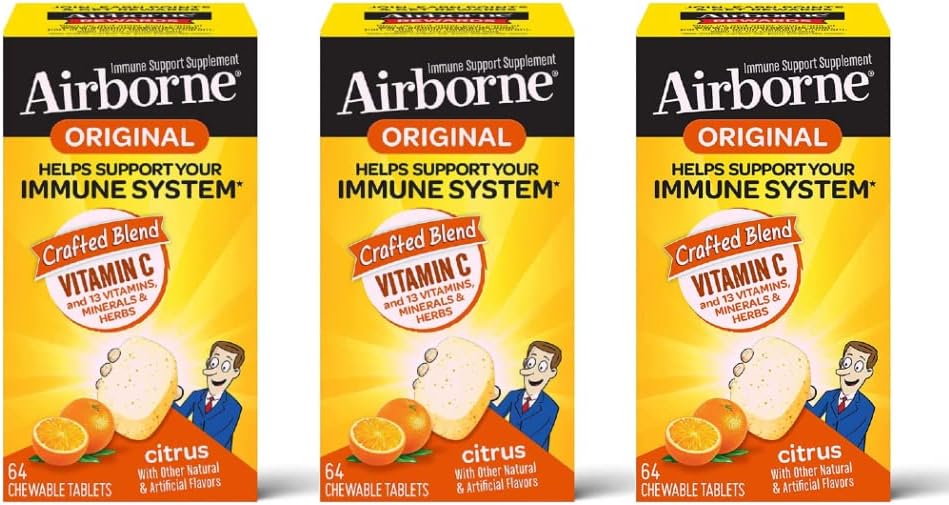 Airborne C 1000 mg (per Servis) - Citrus Chewable Tabletler (64ct/Box), Gluten-Free Immune Support Supplement, Vitamins A C E, ZINC, Selenium, Echinacea, Ginger, Antioksis (3-Pack)