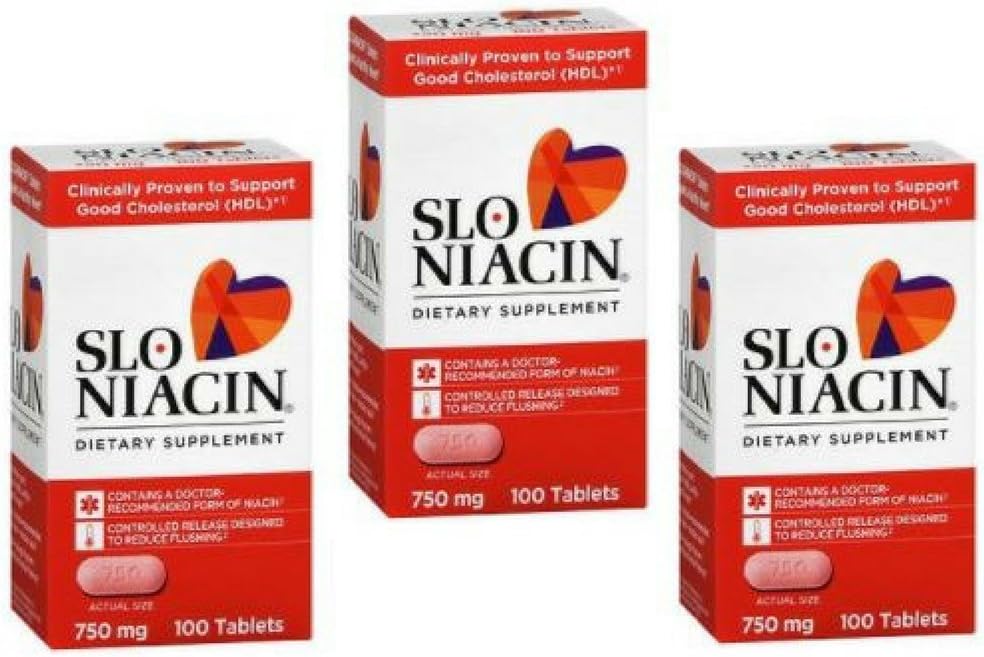 SLO-NIACIN Diyetsel Tamam Günde 750 mg Niacin Vitamin B ile Şişe 3 paket başına 100 Tablet için Nicotinic Acid'den 100 Tablet