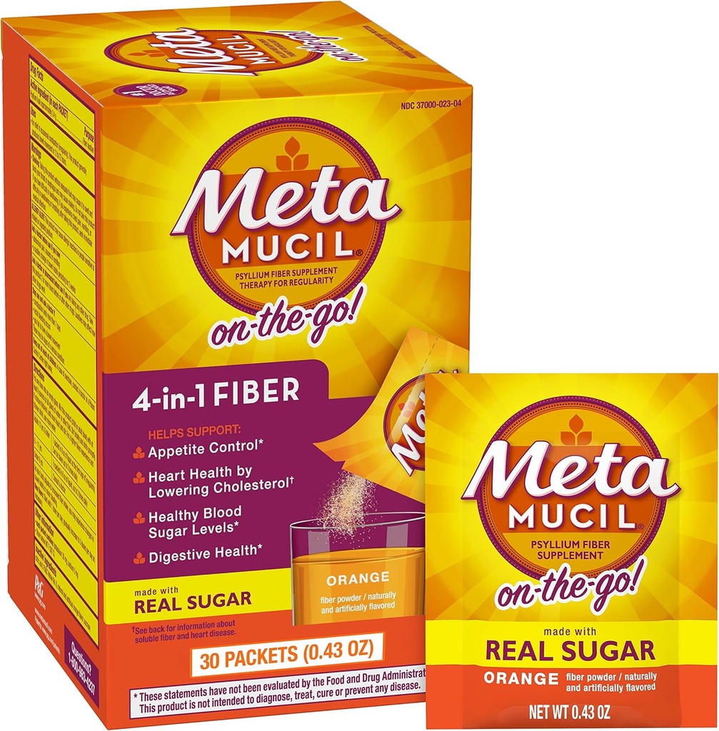 Metamucil On-the-Go, Daily Psyllium Husk Powder Supplement with Real Sugar, 4-in-1 Fiber for Digestive Health, Orange Smooth Flavored Drink, 2 pack x 30 μέτρημα = 60 συσκευασίες Σύνολο
