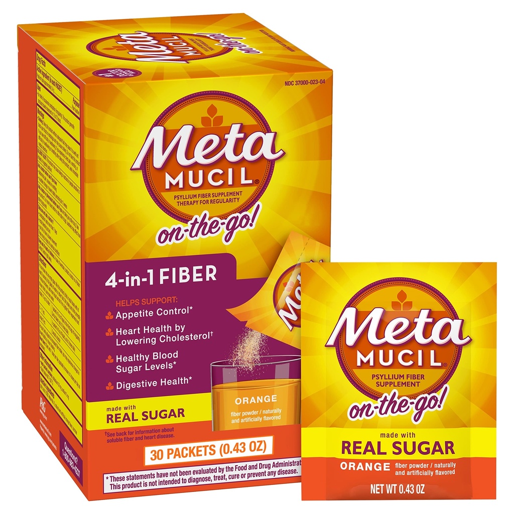 Metamucil On-the-Go, Daily Psyllium Husk Toz Supplement with Real Sugar, 4-in-1 Fiber for Digestive Health, Orange Smooth Flavored Drink, 2 paket x 30 sayı = 60 Packs Total