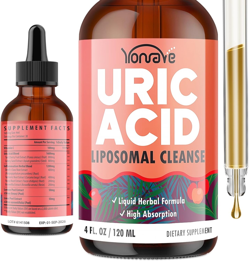Liposomal Uric Acid Drops, Tart Cherry Supplement with Celery Seed & Boswellia Extract - Muscle, Detox, Ortak ve Kidney, Uric Acid Cleanse Liquid Supplement- 4 FL OZ (1 Şişe)