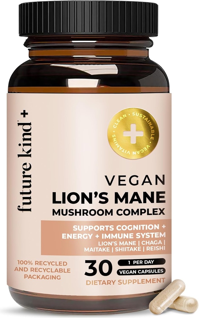 Future Kind Vegan Lion’s Mane Mushroom Complex - Συμπλήρωμα εγκεφάλου με Chaga, Maitake, Shiitake, & Reishi, υποστηρίζει τη μνήμη και εστίαση (30ct)
