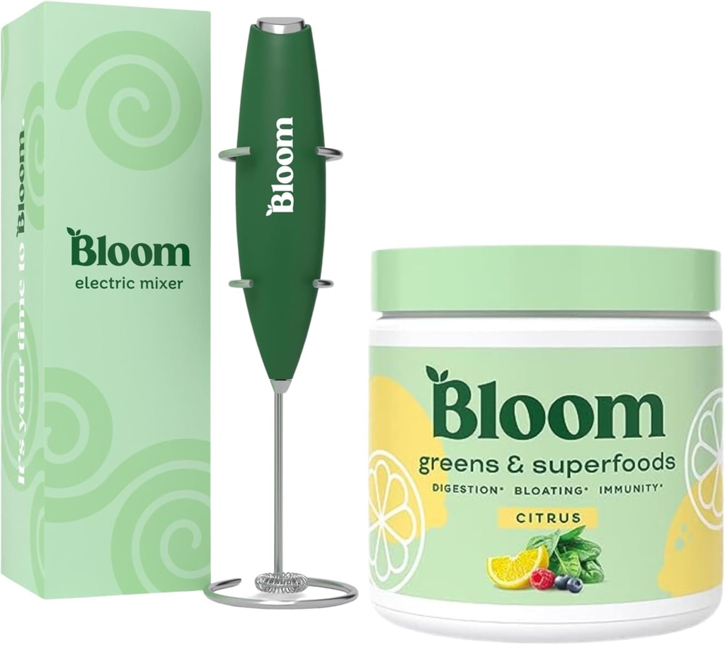 Bloom Nutrition Superfood Greens Powder, Digestive Ένζυμα με Προβιοτικά και Πρεβιοτικά, Υγεία των Ούλων, Ανακούφιση, Εσπεριδοειδή + Γάλα Frother Υψηλής ισχύος Mixer χέρι