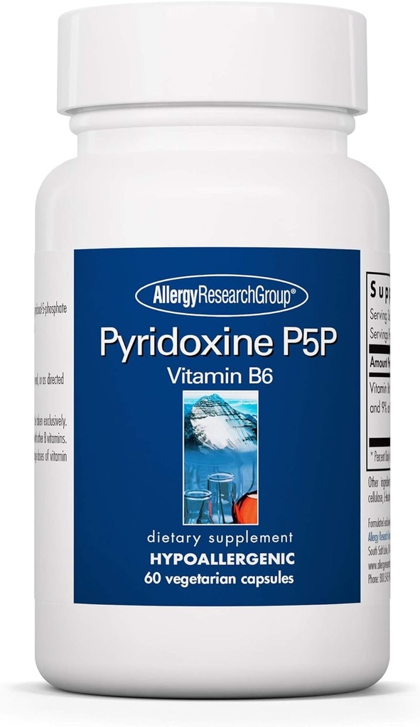 Alerji Araştırma Grubu Pyridoksie P5P Supplement - Active Vitamin B6 275 mg, Pyridoxal-5-Phosphate, Metabolism Support, Hipoallergenic, Vegetarian Capsules - 60 Count