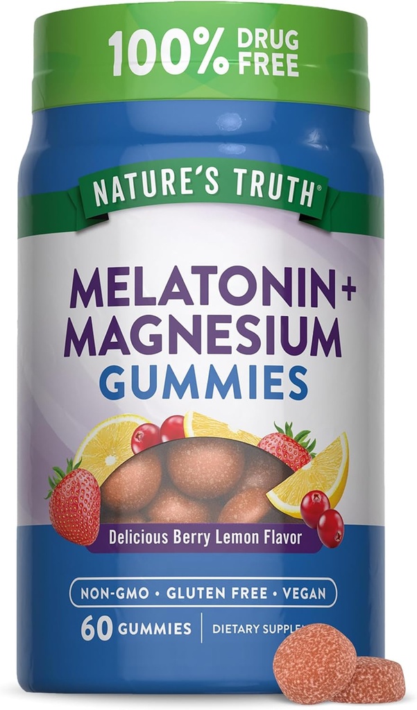 Nature's Truth Melatonin with Magnezyum Gummies | 60 Kont | Berry Lemon Flavor | Vegan, Non-GMO & Gluten Free Supplement Supplement Supplement