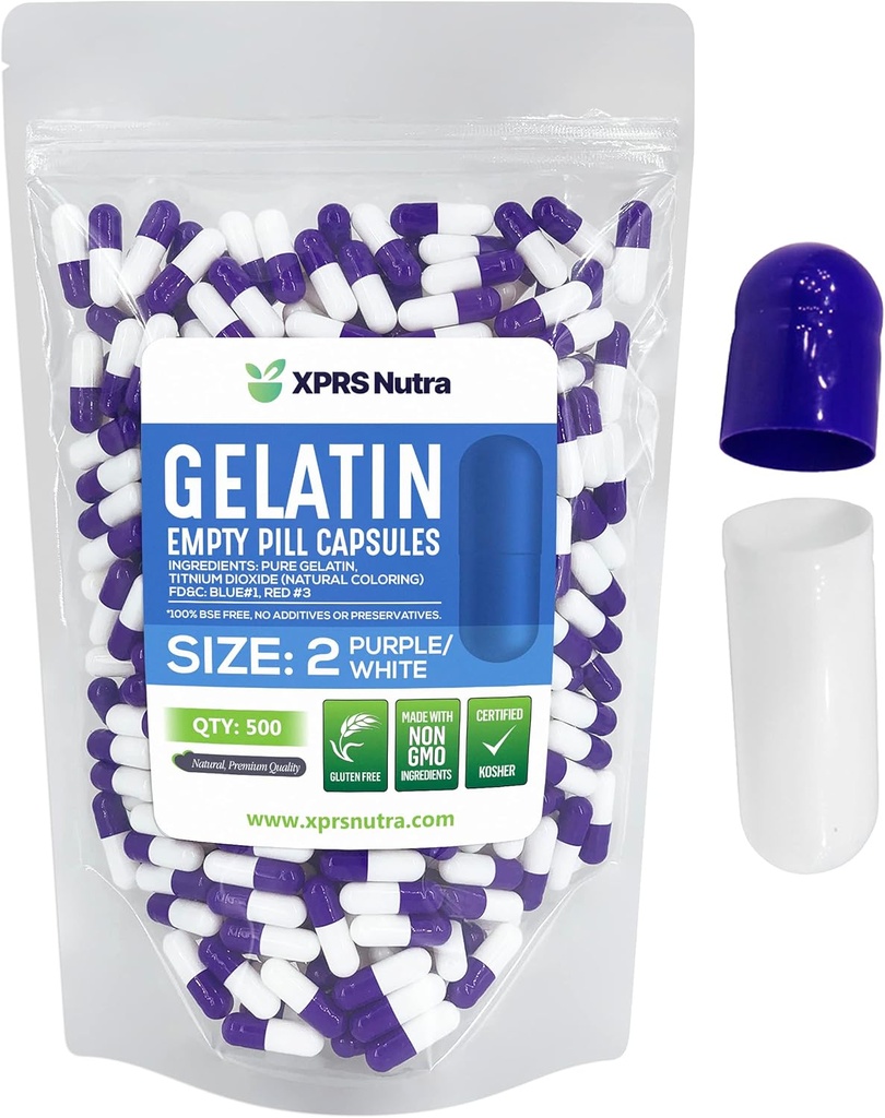 XPRS Nutra Boyutu 2 Boş Kapsüller - 500 Kont Boş Gelatin Capsules - Pills DIY Capsule - Pure Bovine Pill Gel Caps For Do-It- Yourself Supplements (Purple/White)