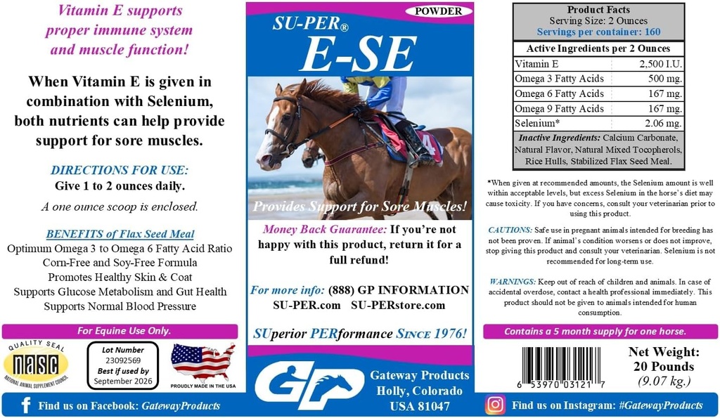 SU-PER E-Se Horses Antioxidant Supplement - Βιταμίνη Ε & Σελήνιο για την υποστήριξη πονεμένων μυών - 20 Λίρες