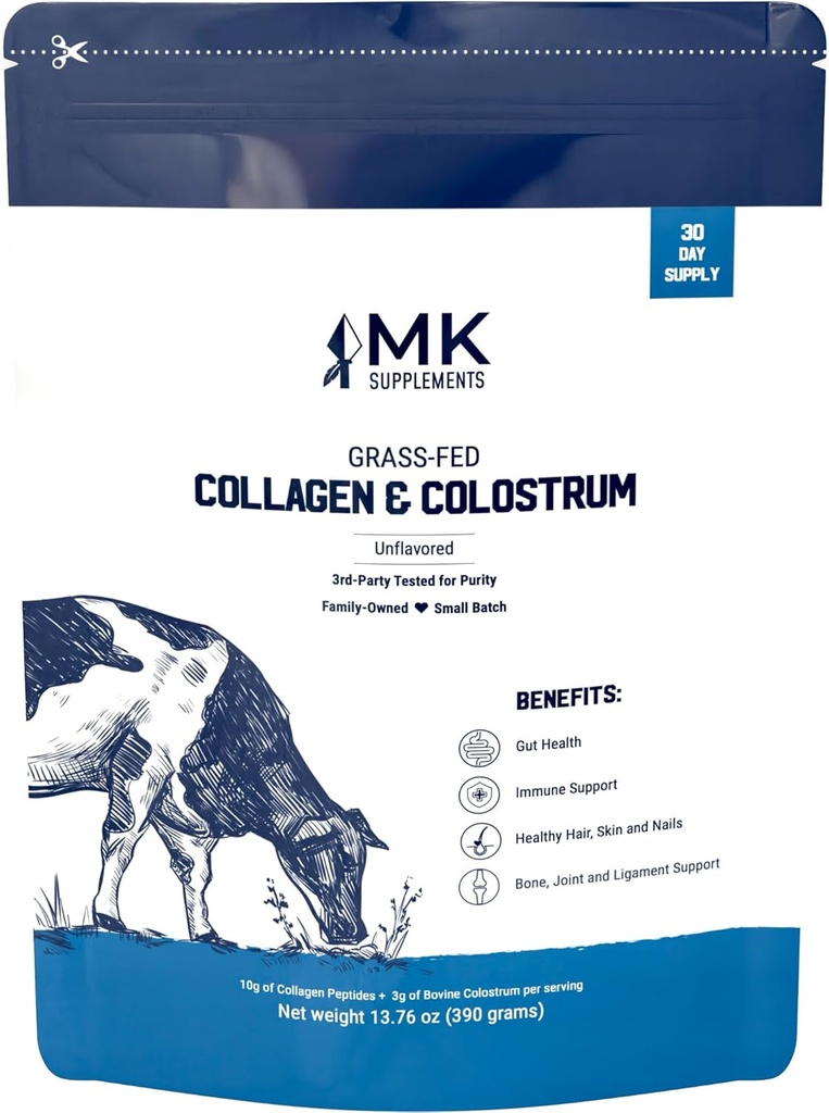 MK Supplements Collagen & Colostrum – Grass-Fed Bovine Collagen & Bovine Colostrum Toz – Skin, Gut, Ortak & Immune Support – Hua, Carnivore Friendly – Nomixs