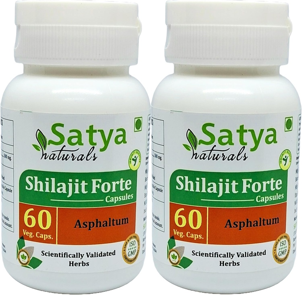Shilajit Forte Capsules 500 mg. 60 Veg. Capsule | Shilajit (Asphaltum) Erkekler ve Kadınlar için Kapsüller | Ayurvedic Herbal Supplement/R capturedes | 10:1 Forte (2 Şişeler 60 Capsules)
