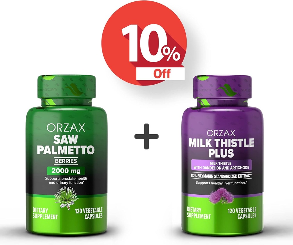 ORZAX Saw Palmetto 2000 mg 120 Vegatable Capsules ve Milk Thistle Plus with Dandelion 120 Vegatable Capsule, Sche