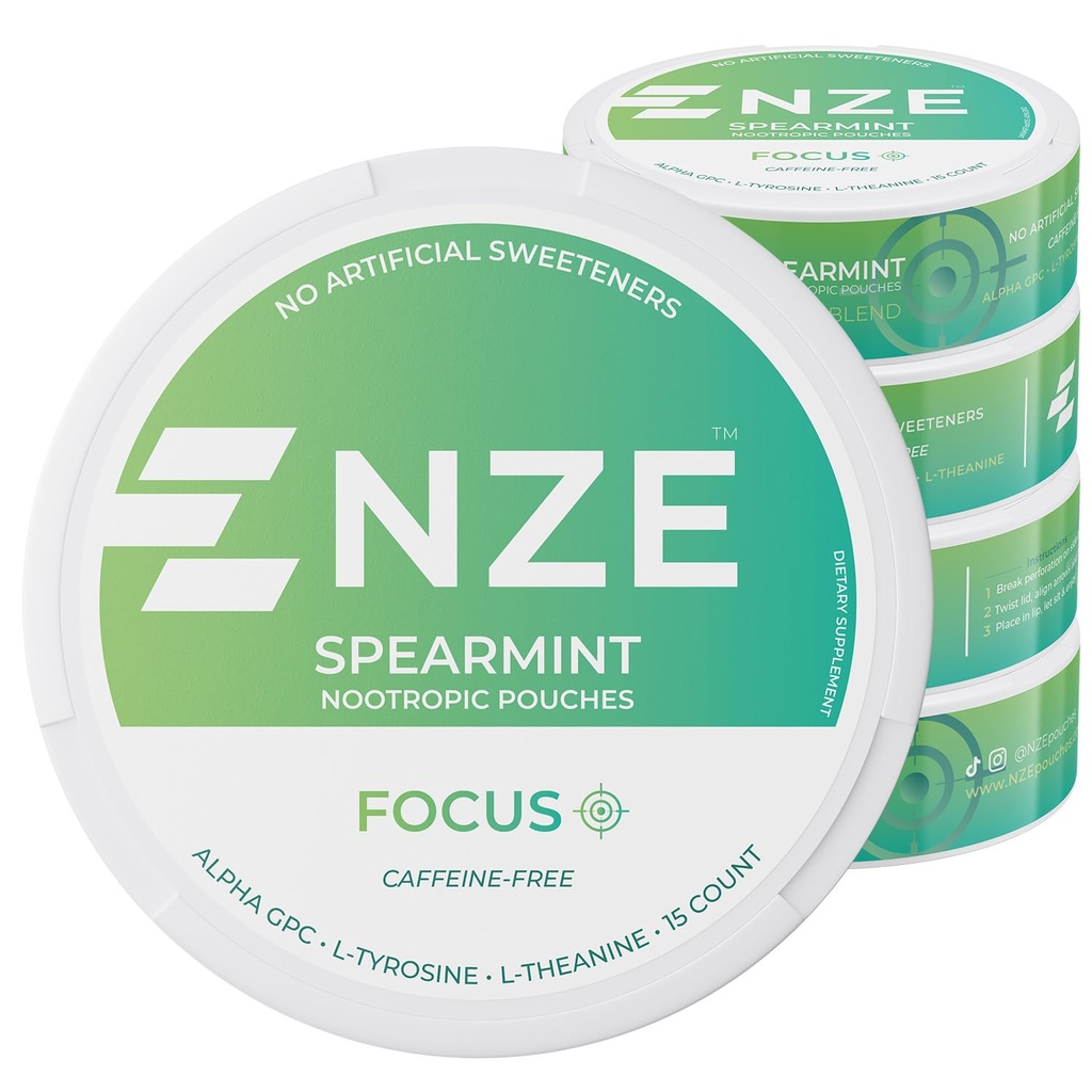 NZE Caffeine Free Nootropic Pouches (Spearmint) - Alfa GPC, L-Tyrosine & L-Theanine - No Sugar or Yapay Sweeteners - 15 Nicotine Free Pouches Per Can - 5 Pack