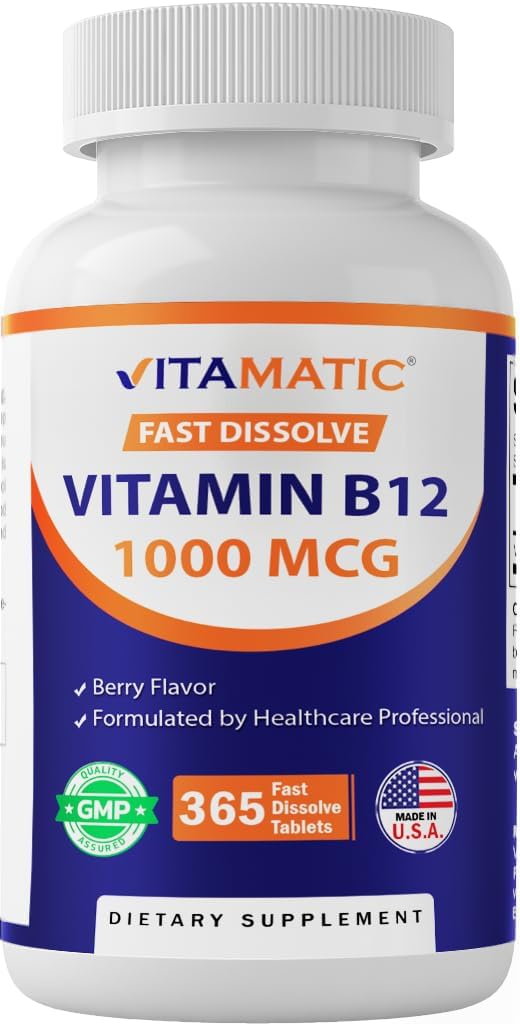 Vitamatic Vitamin B12 1000 mcg Fast Dissolve - 365 Tablet - Natural Berry Flavor - Enerji Metabolism & Nervous System Health Metabolism & Nervous System Health Health