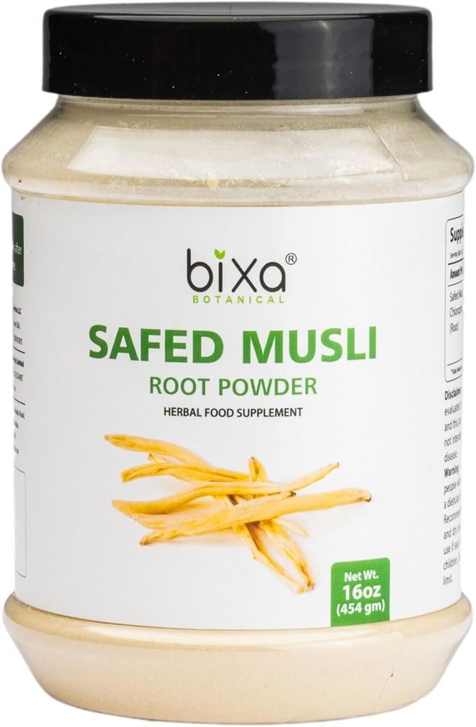 bixa BOTANICAL Ayurvedic Natural Herbal Supplement Safed Musli Powder Pure Authentic Premium Quality | Gluten Free, Non-GMO, Steam Sterlized, Vegan (16 Ounce (Pack of 1), Safed Musli Powder)